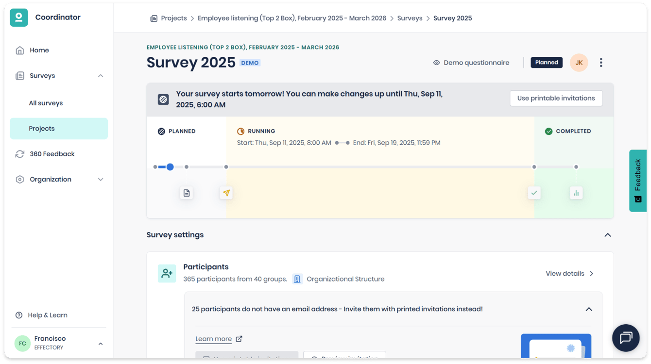 View your survey timeline and demo questionnaire